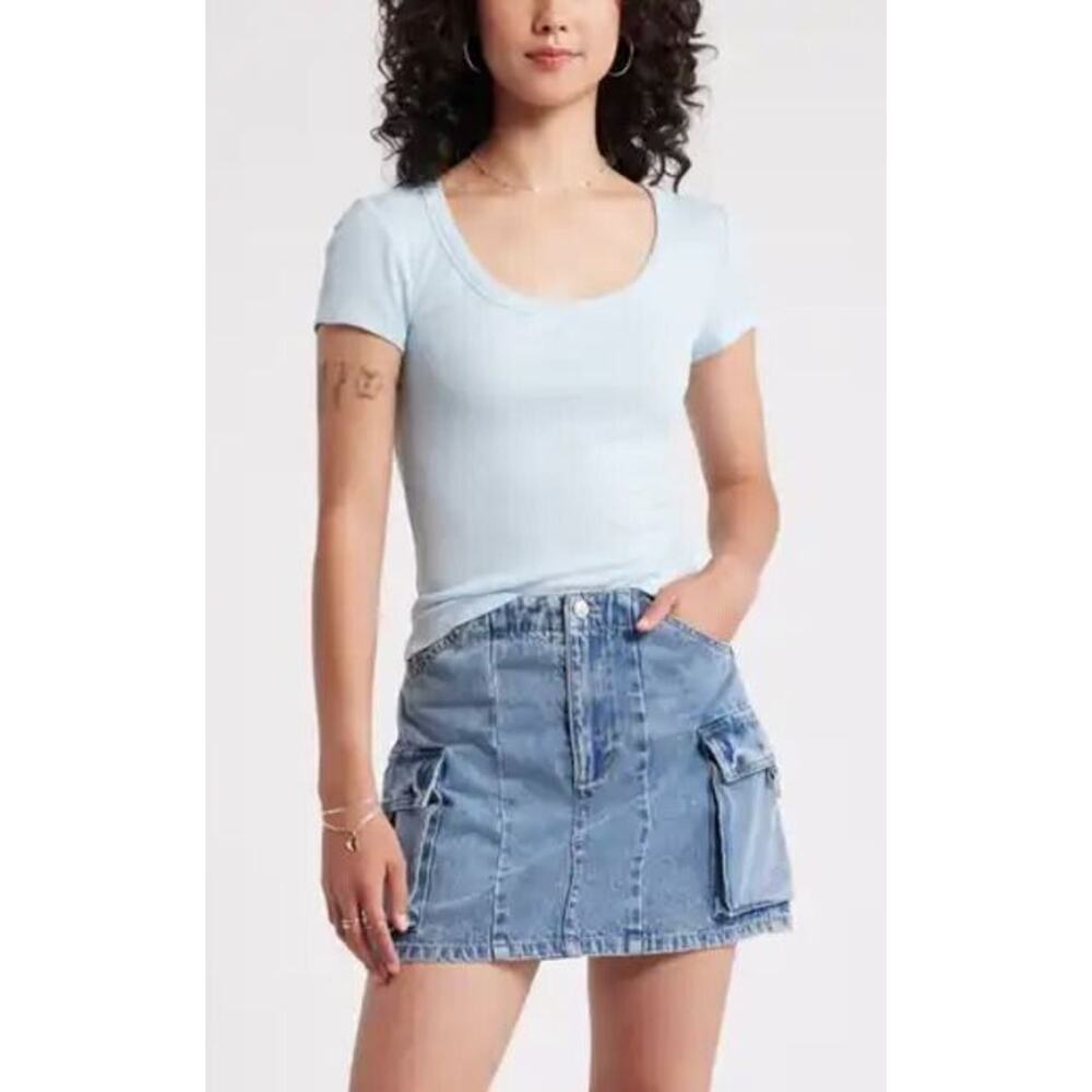 BP. Womens Scoop Neck Short‎ Sleeve Cotton Blend Tee Shirt in Blue Feather Large